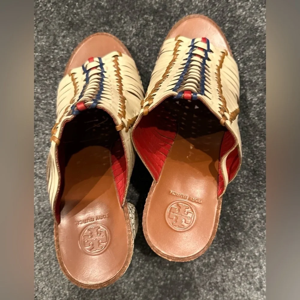 Tory Burch Cream Braided Slide Mules with Red & Navy Accents